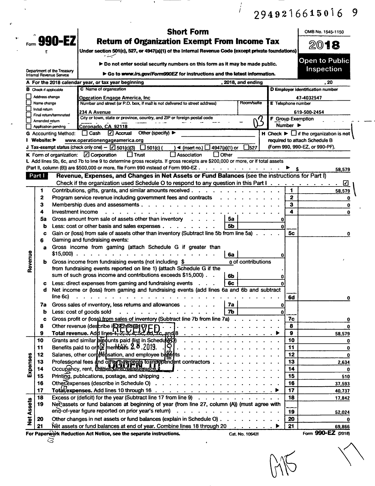 Image of first page of 2018 Form 990EZ for Operation Engage America