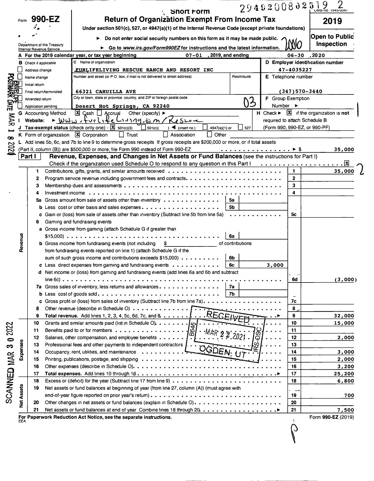 Image of first page of 2019 Form 990EZ for Furlifeliving Rescue Ranch and Resort Incorporated