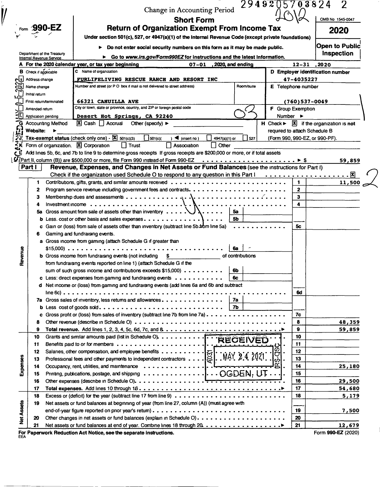 Image of first page of 2020 Form 990EZ for Furlifeliving Rescue Ranch and Resort Incorporated
