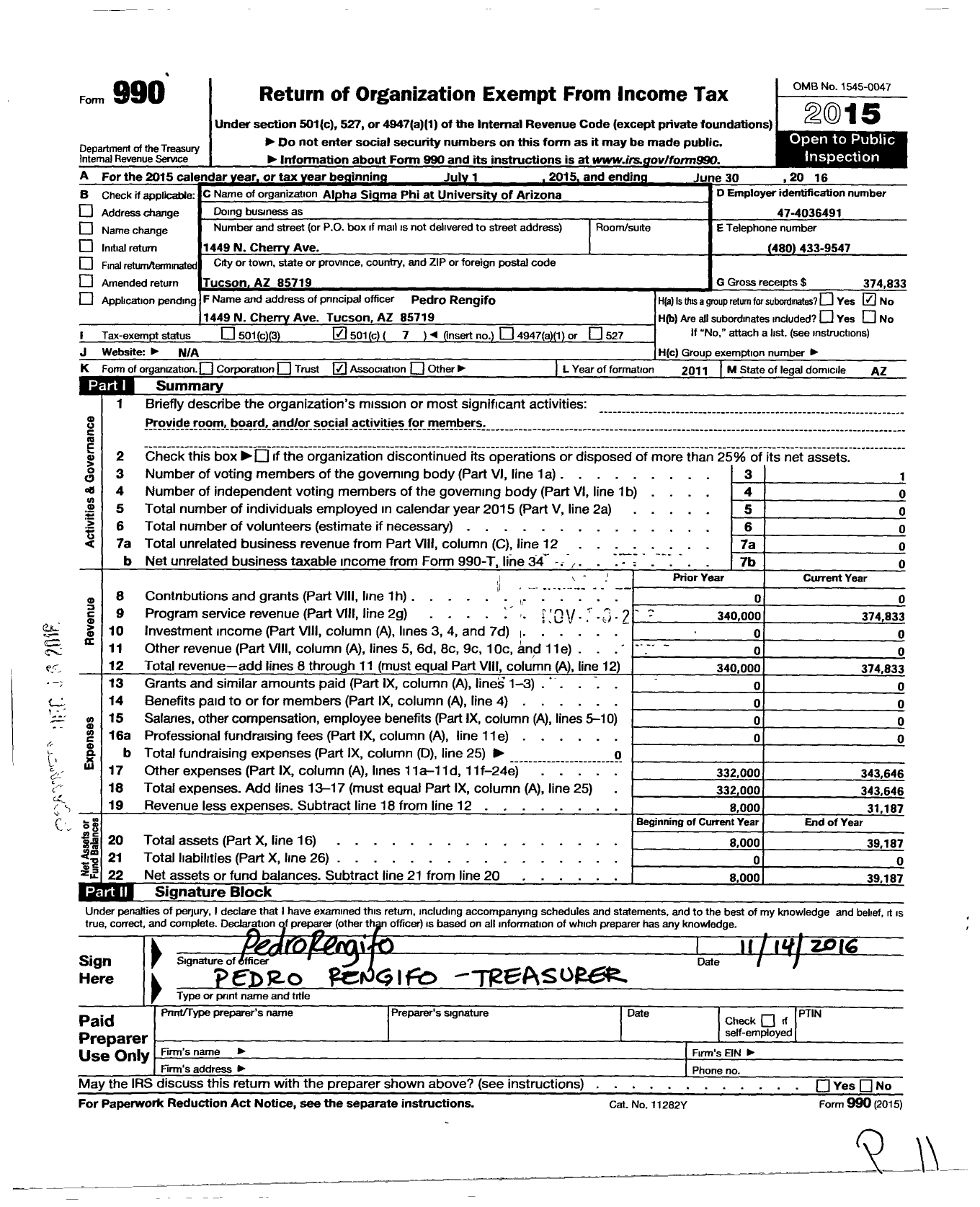 Image of first page of 2015 Form 990O for Alpha Sigma Phi at University of Arizona