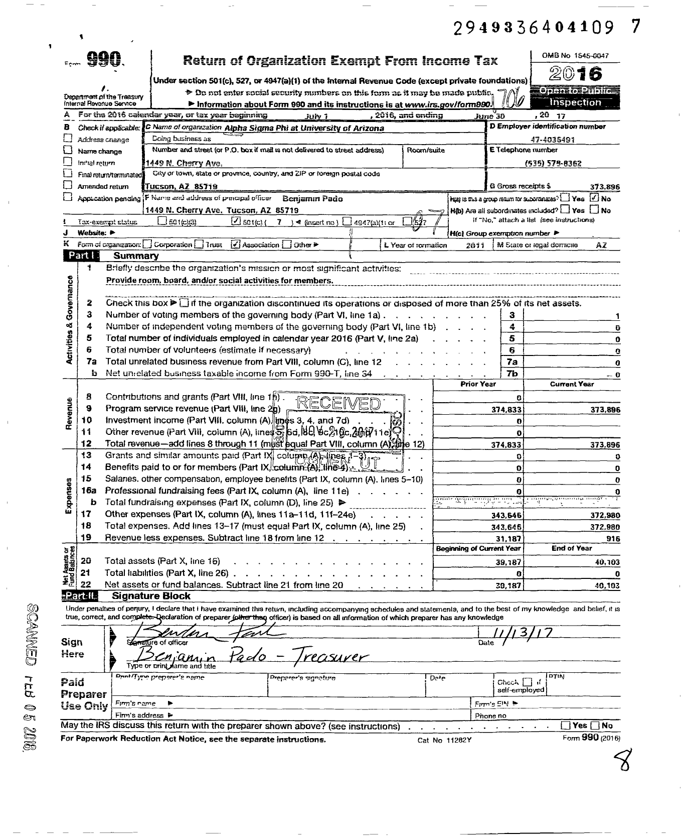 Image of first page of 2016 Form 990O for Alpha Sigma Phi at University of Arizona