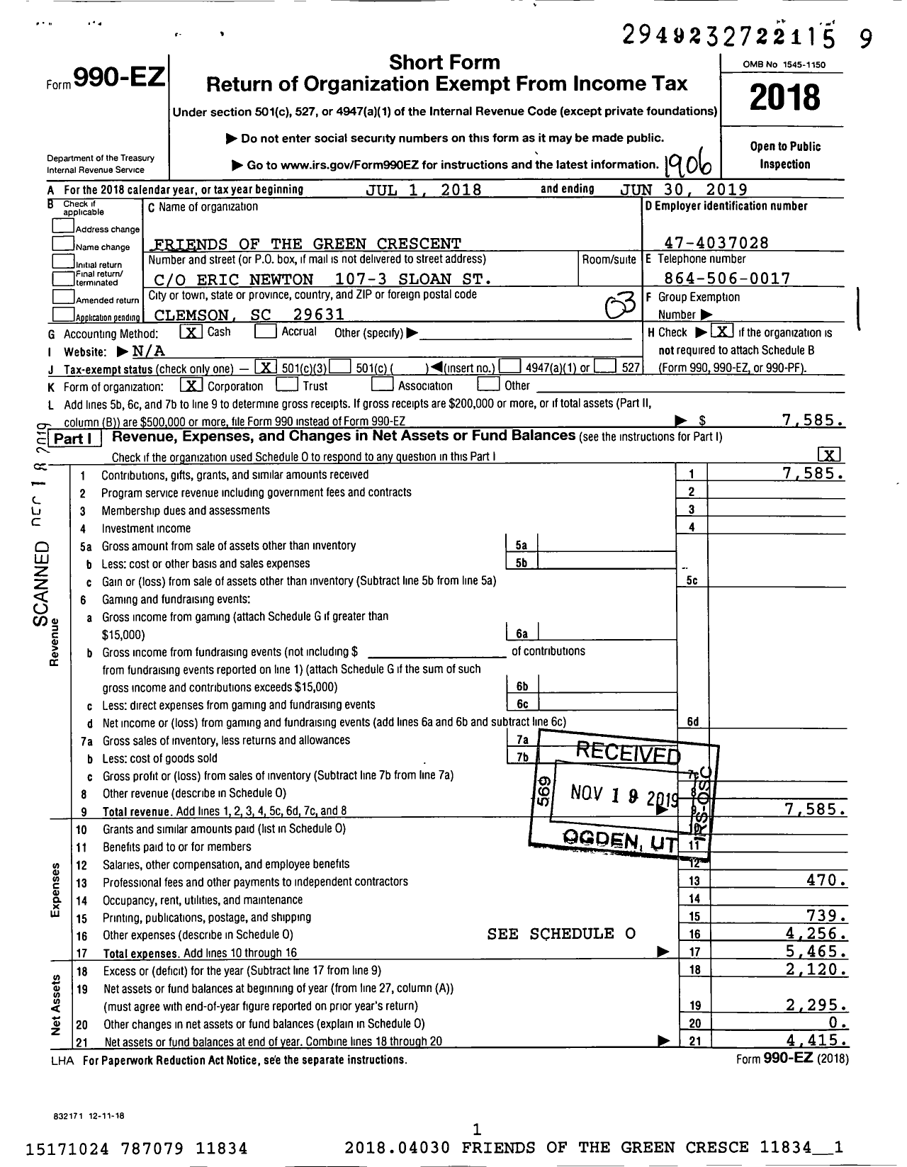 Image of first page of 2018 Form 990EZ for Friends of the Green Crescent