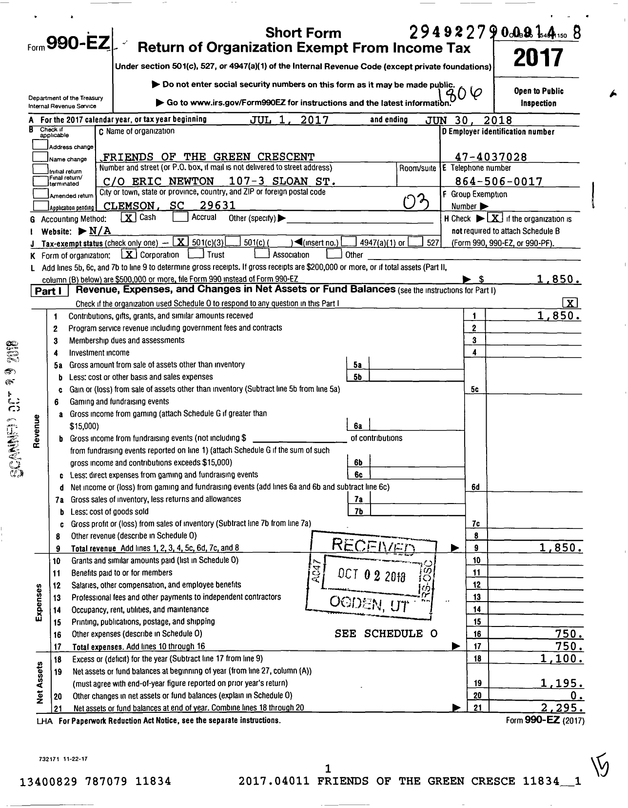 Image of first page of 2017 Form 990EZ for Friends of the Green Crescent