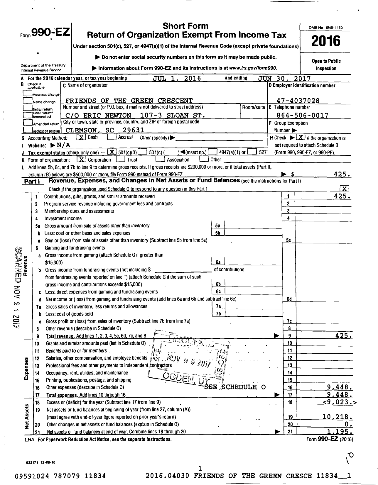 Image of first page of 2016 Form 990EZ for Friends of the Green Crescent