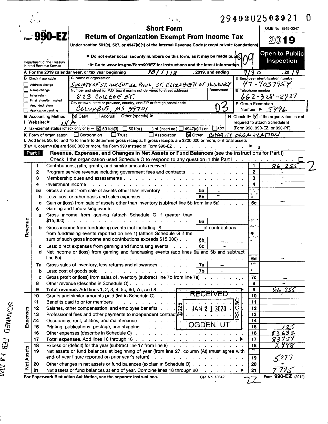 Image of first page of 2018 Form 990EZ for Society of Stvincent de Paul St Elizabeth of Hungary