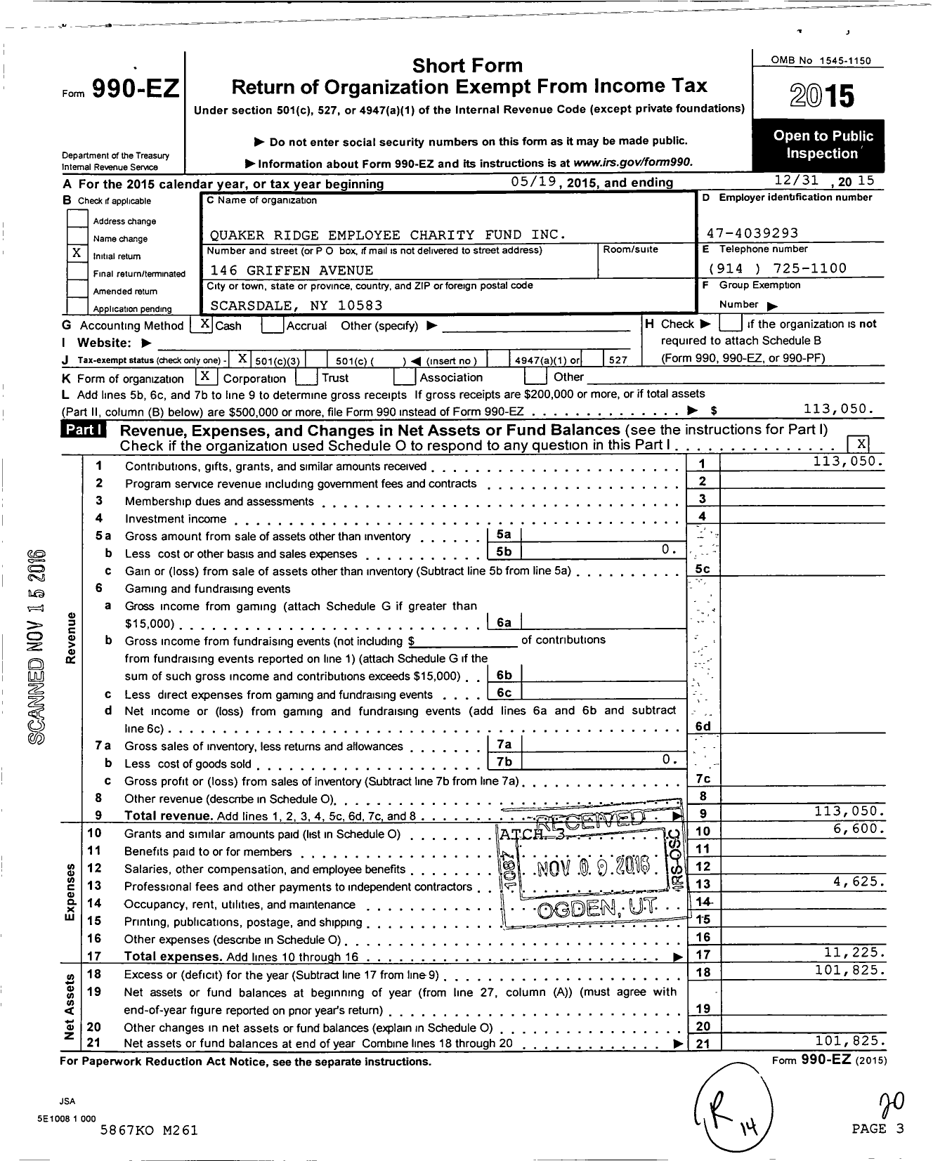 Image of first page of 2015 Form 990EZ for Quaker Ridge Employee Charity Fund