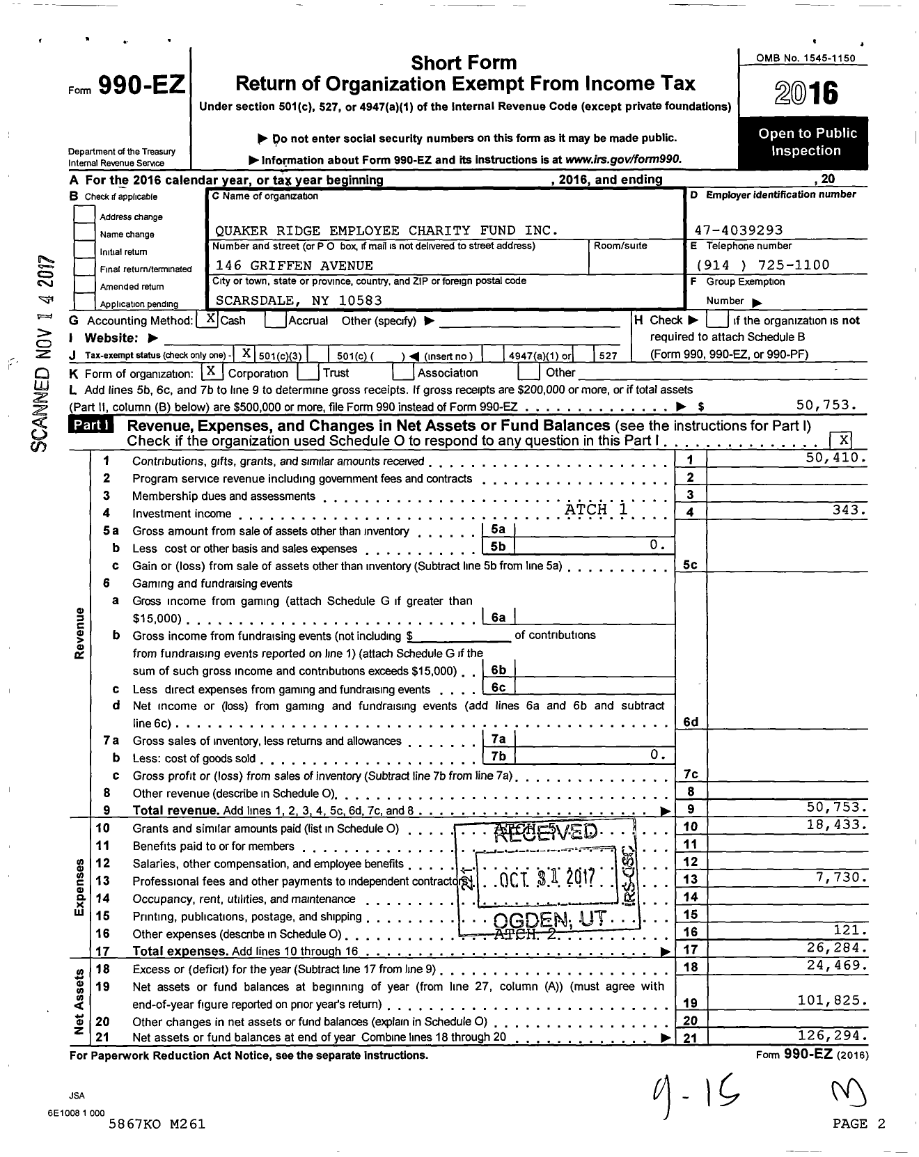 Image of first page of 2016 Form 990EZ for Quaker Ridge Employee Charity Fund
