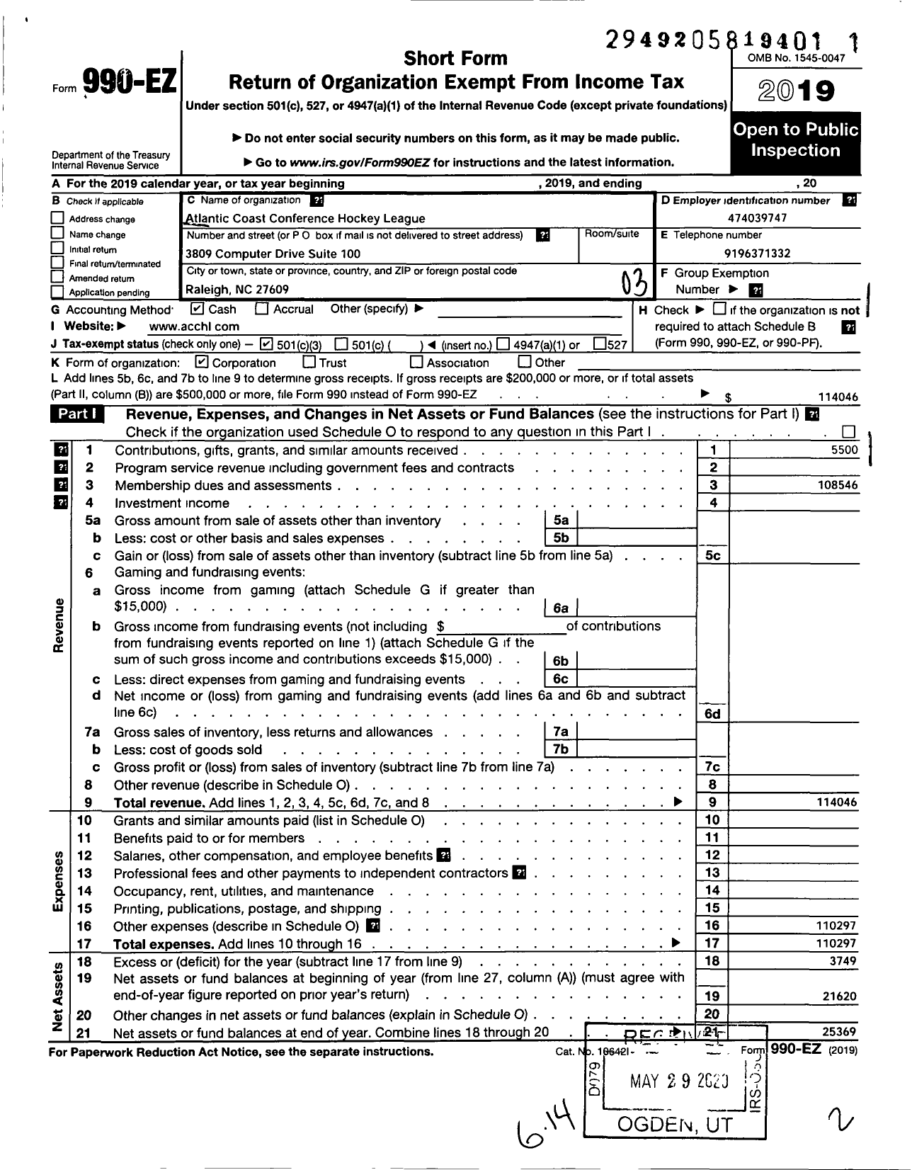 Image of first page of 2019 Form 990EZ for Atlantic Coast Conference Hockey League