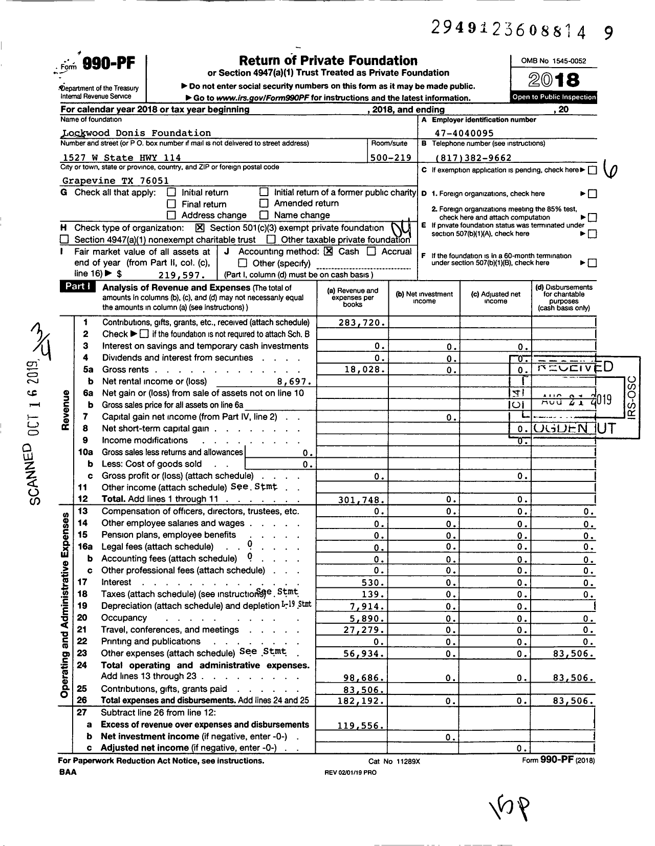 Image of first page of 2018 Form 990PF for Lockwood Donis Leadership