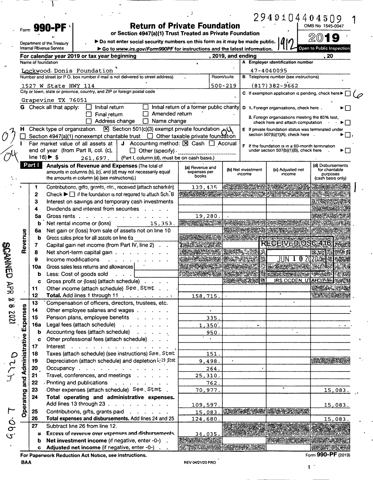 Image of first page of 2019 Form 990PF for Lockwood Donis Leadership