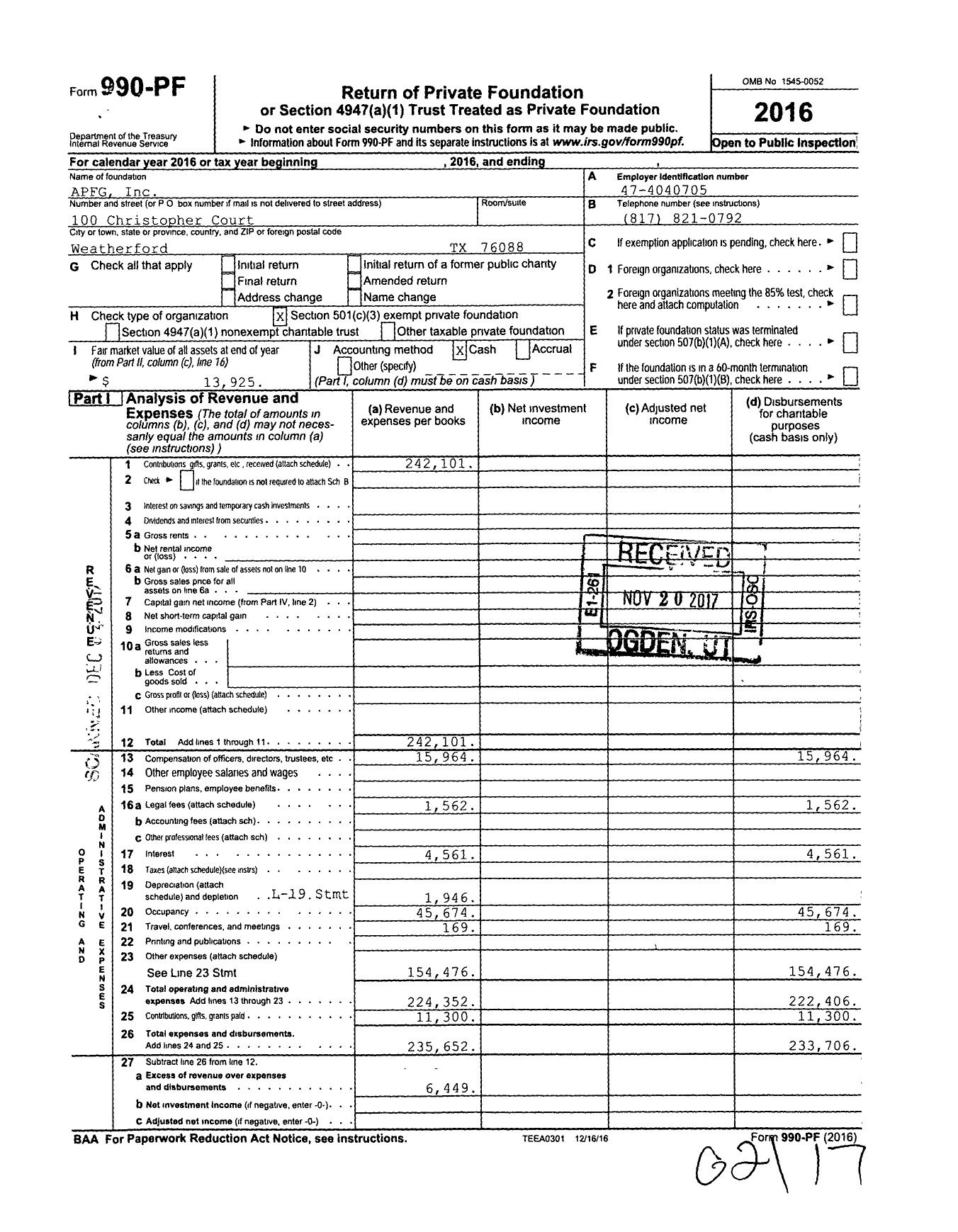 Image of first page of 2016 Form 990PF for Apfg