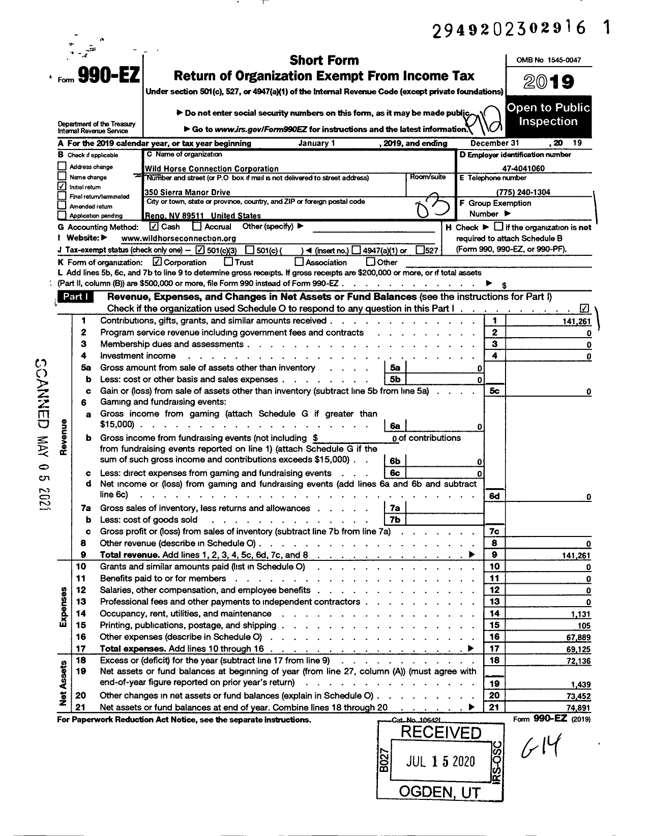 Image of first page of 2019 Form 990EZ for Wild Horse Connection Corporation