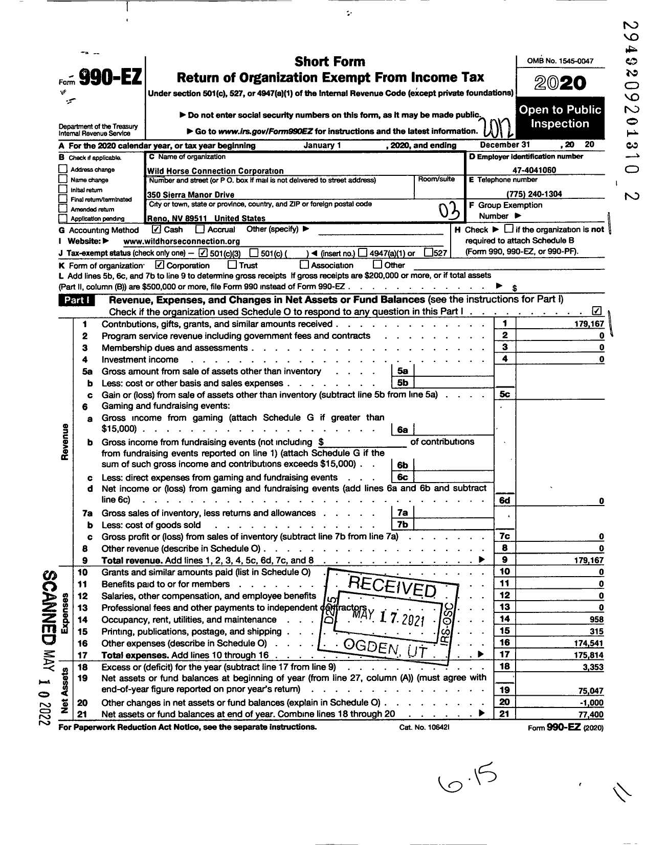 Image of first page of 2020 Form 990EZ for Wild Horse Connection Corporation