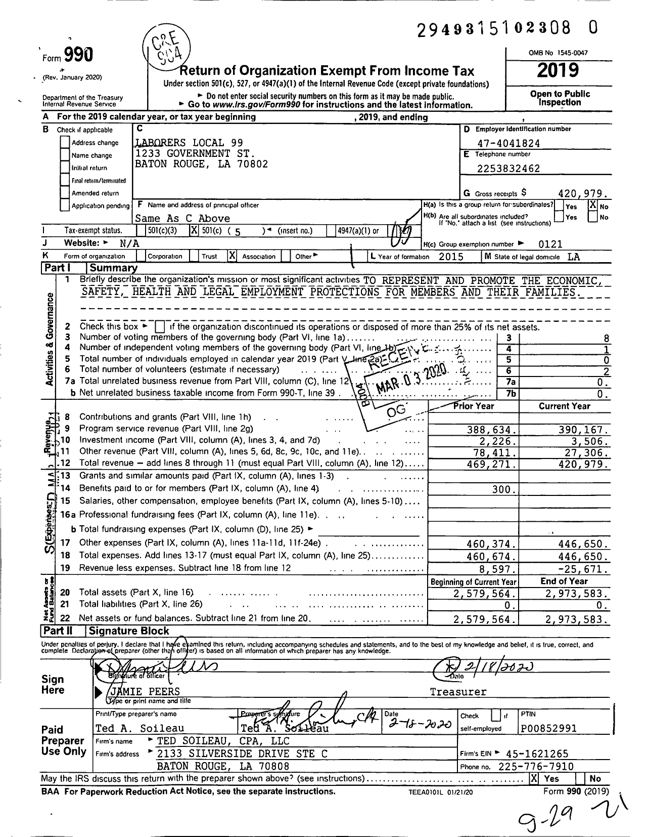 Image of first page of 2019 Form 990O for Laborers' International Union of North America - 99 Local Union