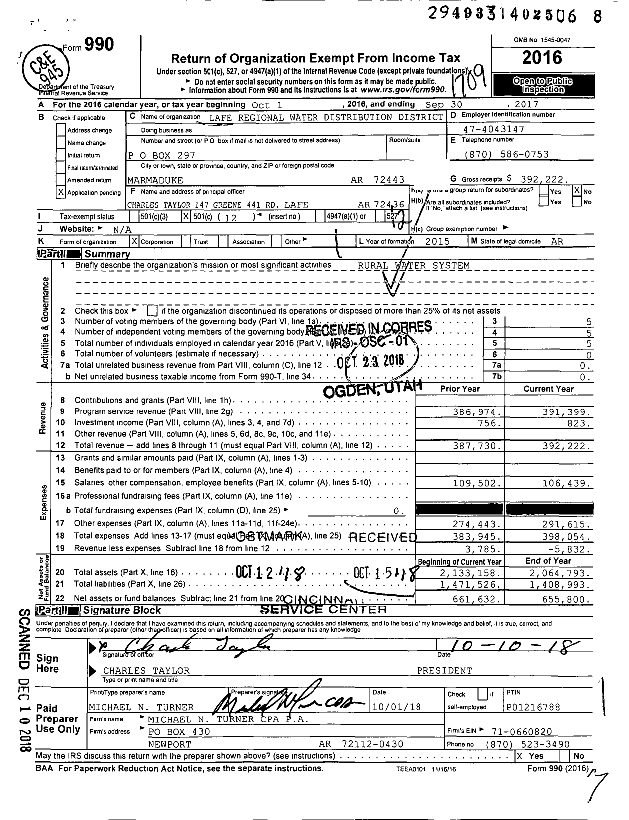 Image of first page of 2016 Form 990O for Lafe Regional Water Distribution