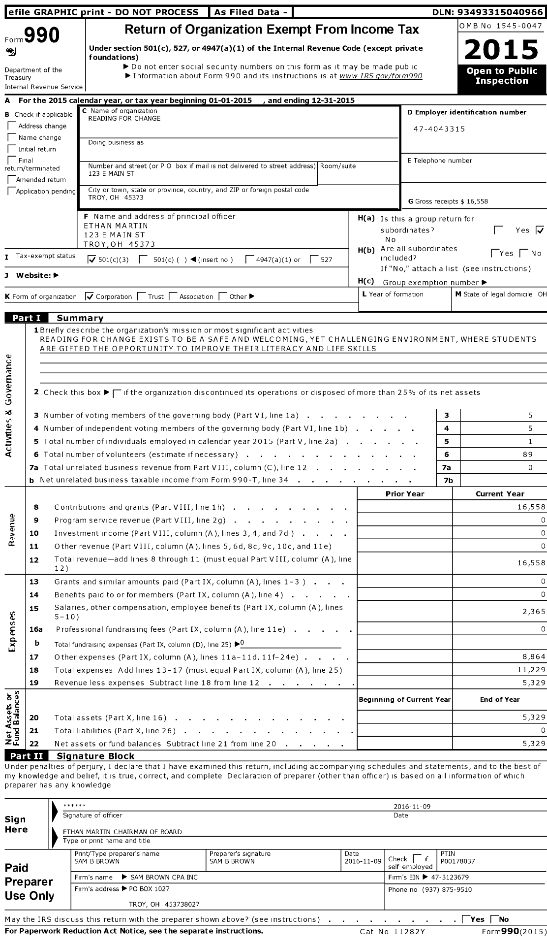 Image of first page of 2015 Form 990 for Reading For Change