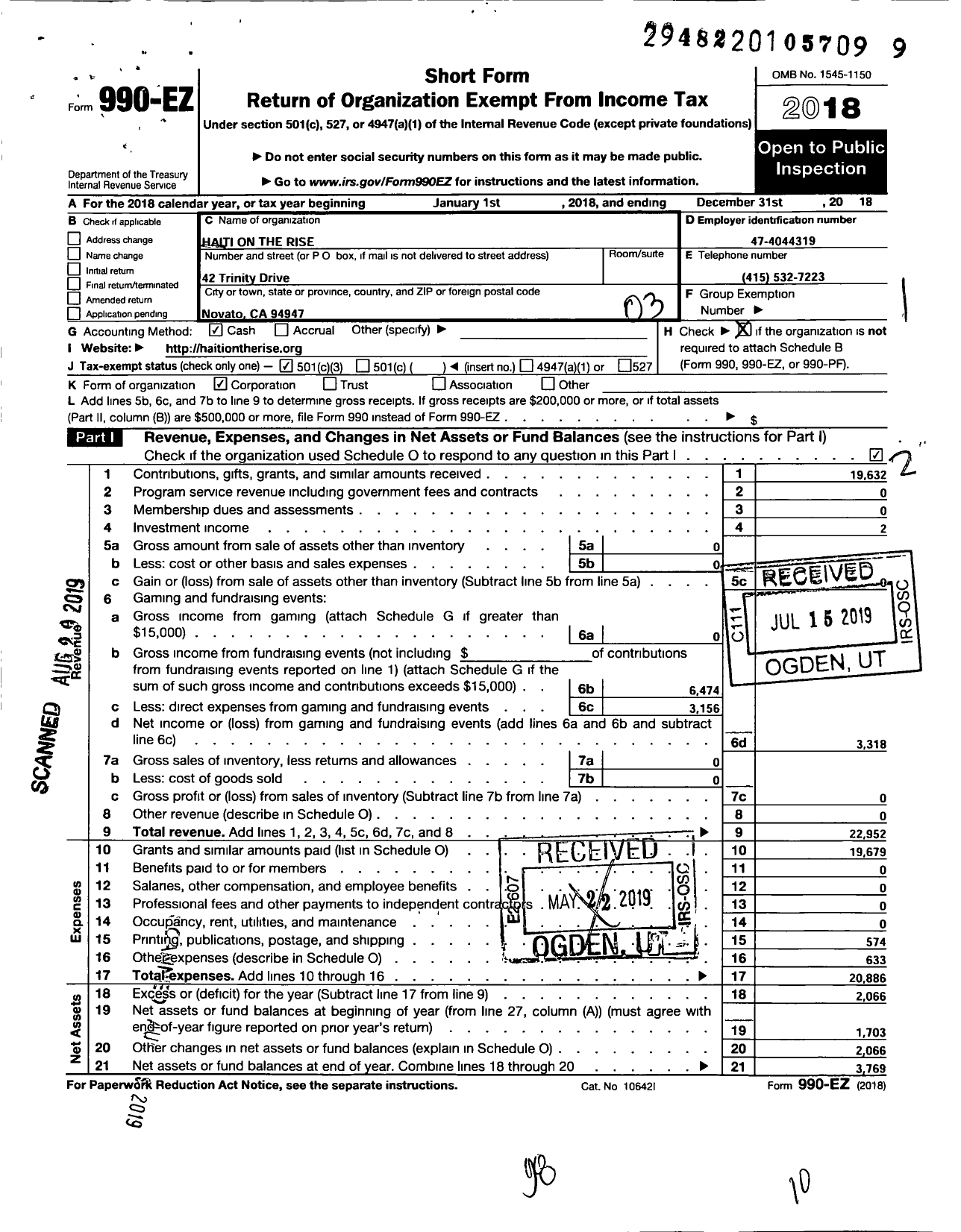 Image of first page of 2018 Form 990EZ for Haiti on the Rise