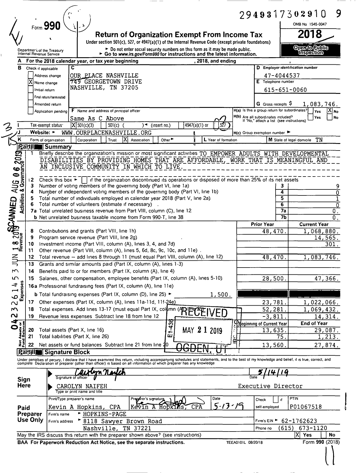 Image of first page of 2018 Form 990 for Our Place Nashville