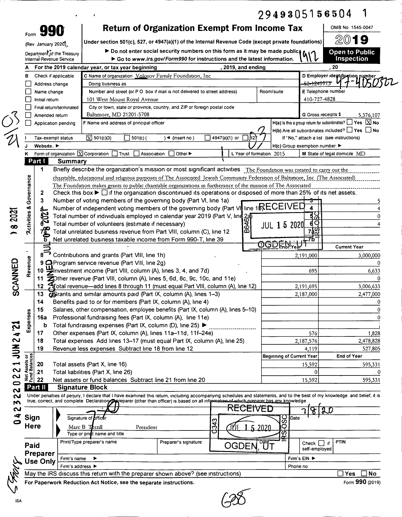 Image of first page of 2019 Form 990 for Volosov Family Foundation