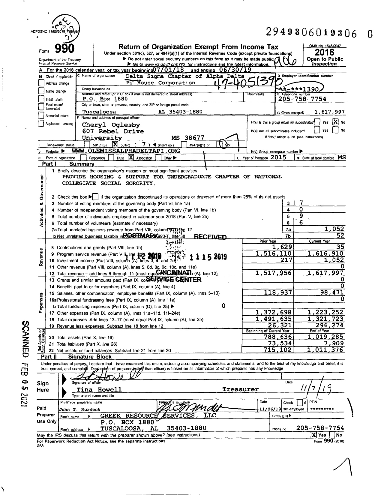 Image of first page of 2018 Form 990O for Delta Sigma Chapter of Alpha Delta Pi House Corporation