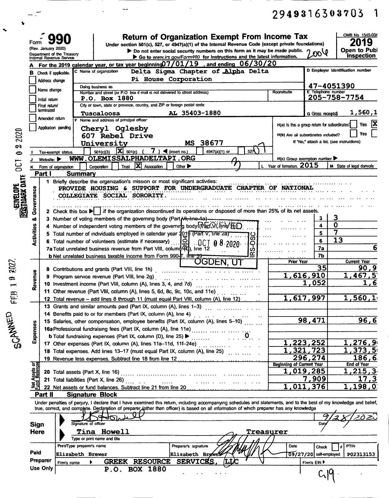 Image of first page of 2019 Form 990O for Delta Sigma Chapter of Alpha Delta Pi House Corporation