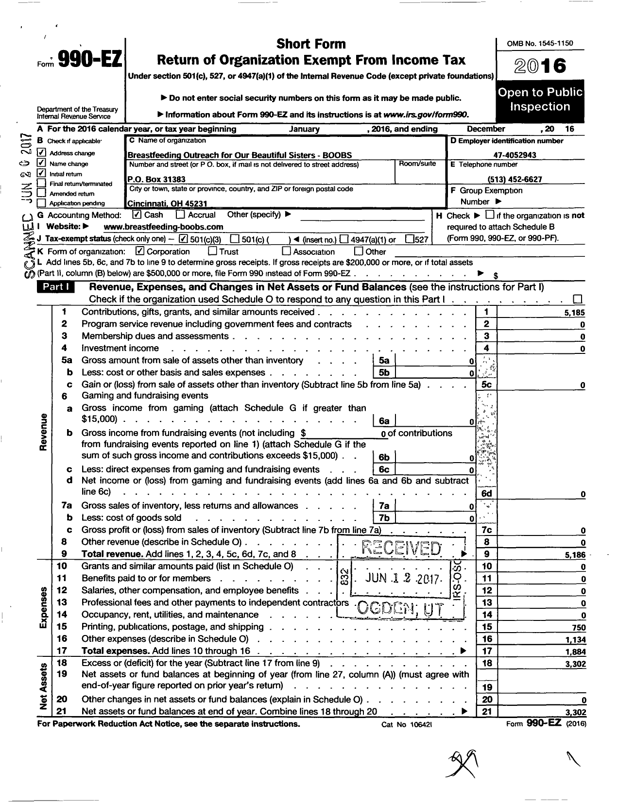 Image of first page of 2016 Form 990EZ for Breastfeeding Outreach for Our Beautiful Sisters (BOOBS)