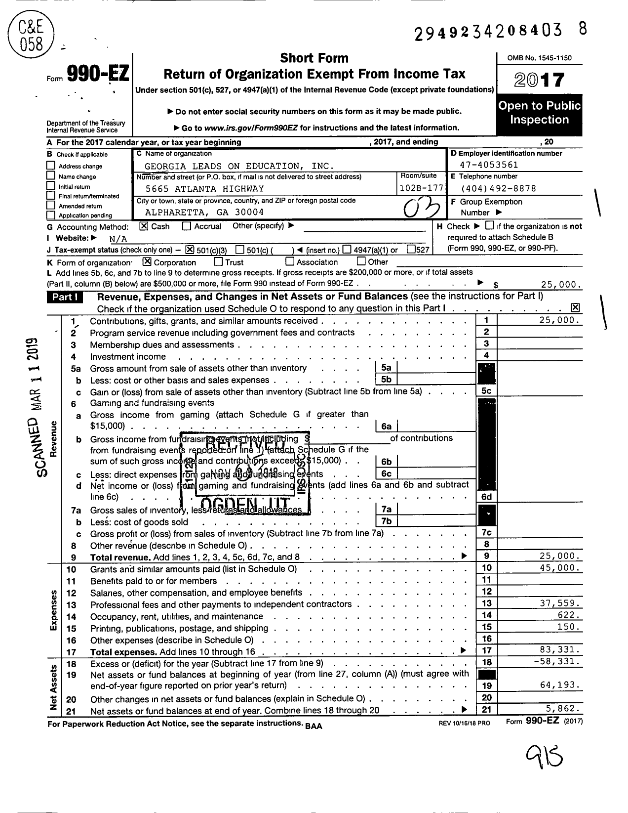 Image of first page of 2017 Form 990EZ for Georgia Leads on Education