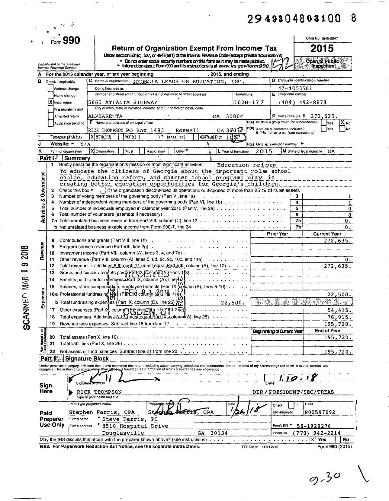 Image of first page of 2015 Form 990 for Georgia Leads on Education