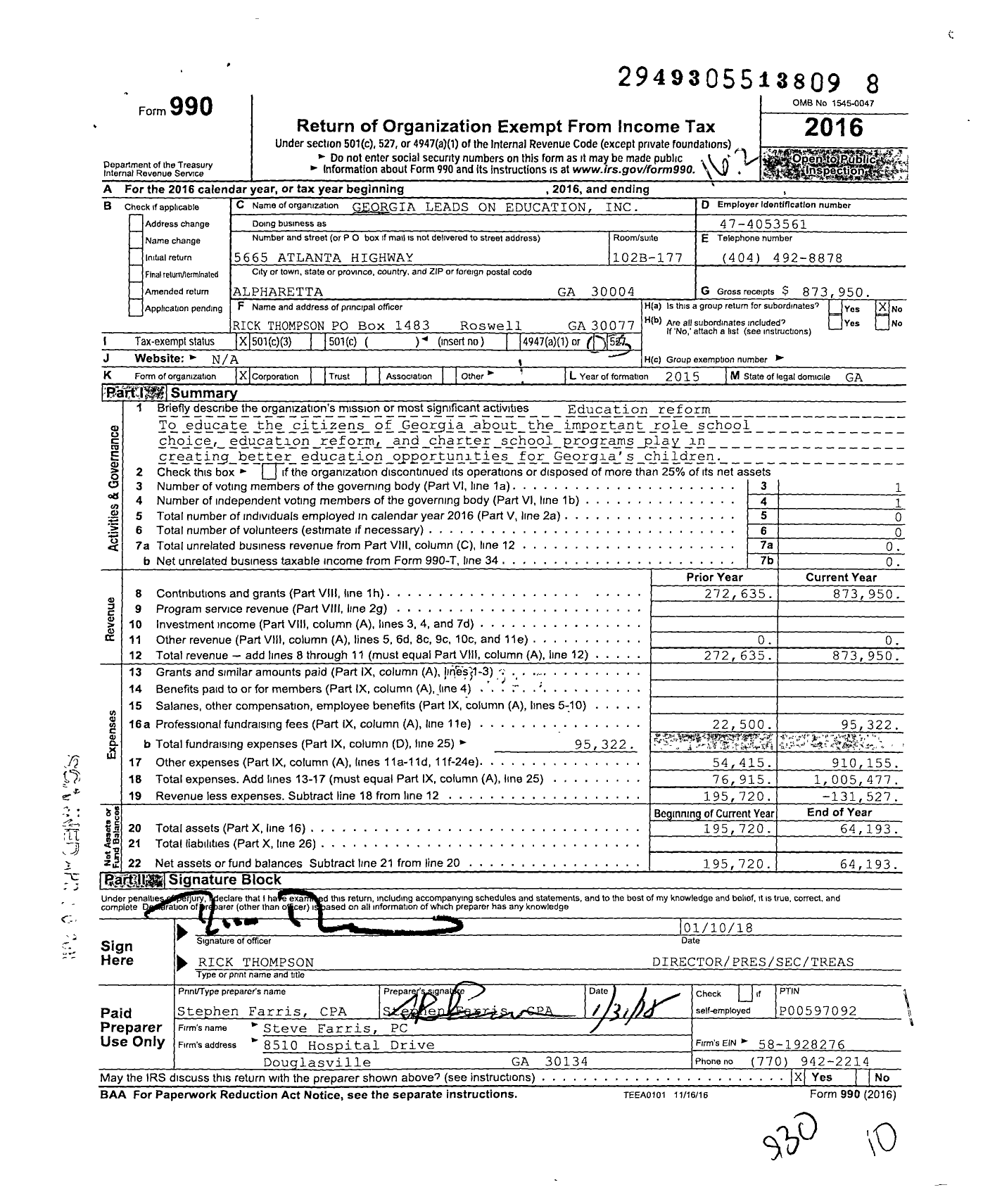 Image of first page of 2016 Form 990 for Georgia Leads on Education