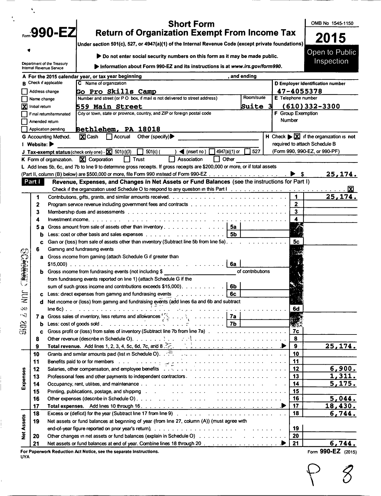 Image of first page of 2015 Form 990EZ for Go Pro Skills Camp