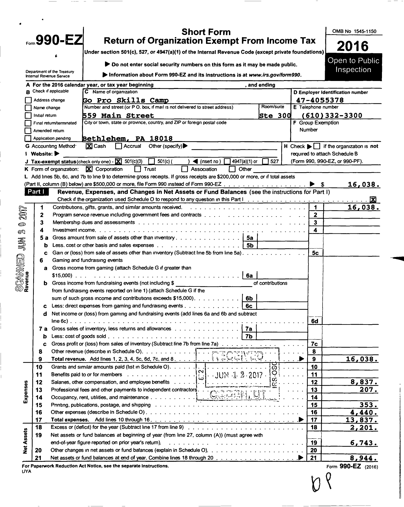 Image of first page of 2016 Form 990EZ for Go Pro Skills Camp