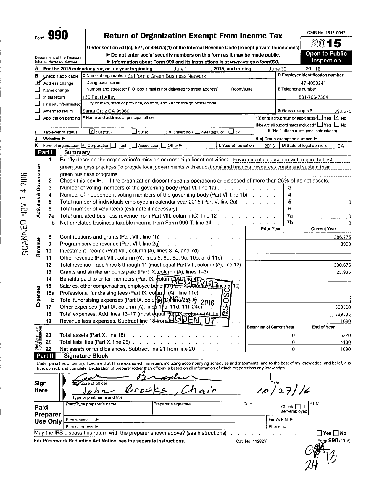 Image of first page of 2015 Form 990 for California Green Business Network