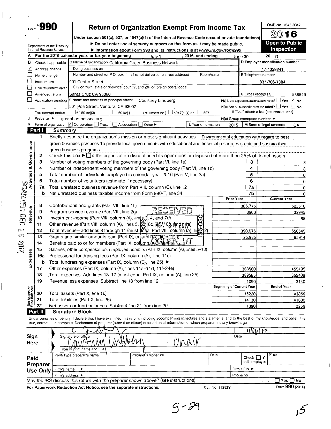 Image of first page of 2016 Form 990 for California Green Business Network