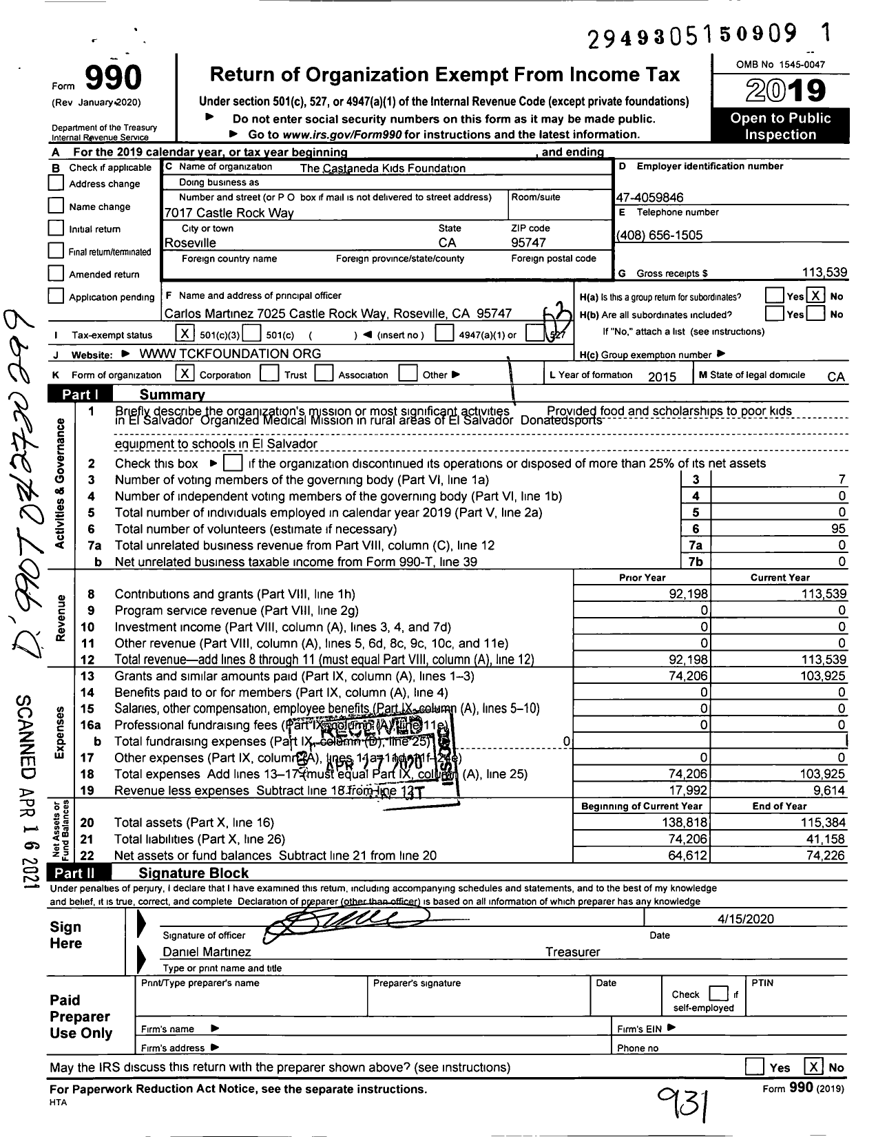 Image of first page of 2019 Form 990 for The Castaneda Kids Foundation