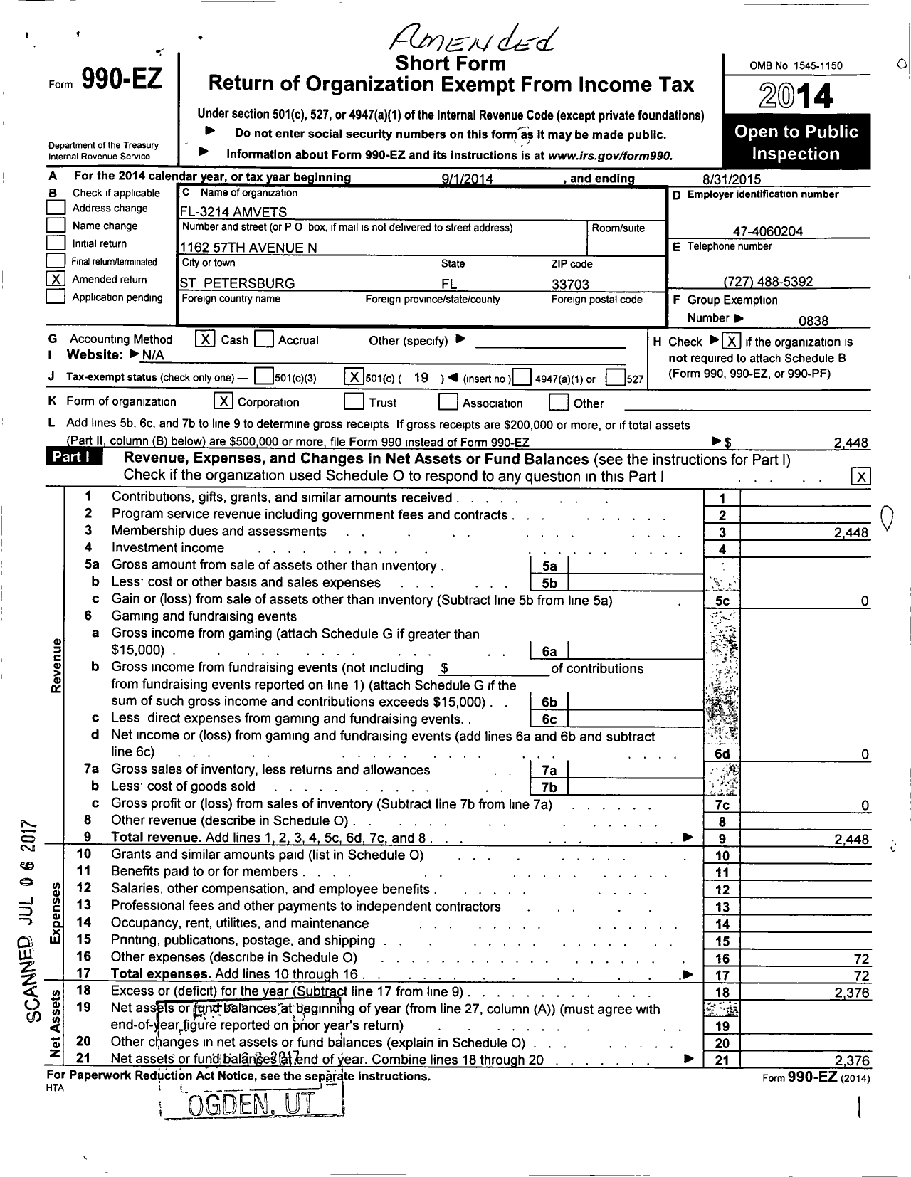 Image of first page of 2014 Form 990EO for FL-3214 Amvets
