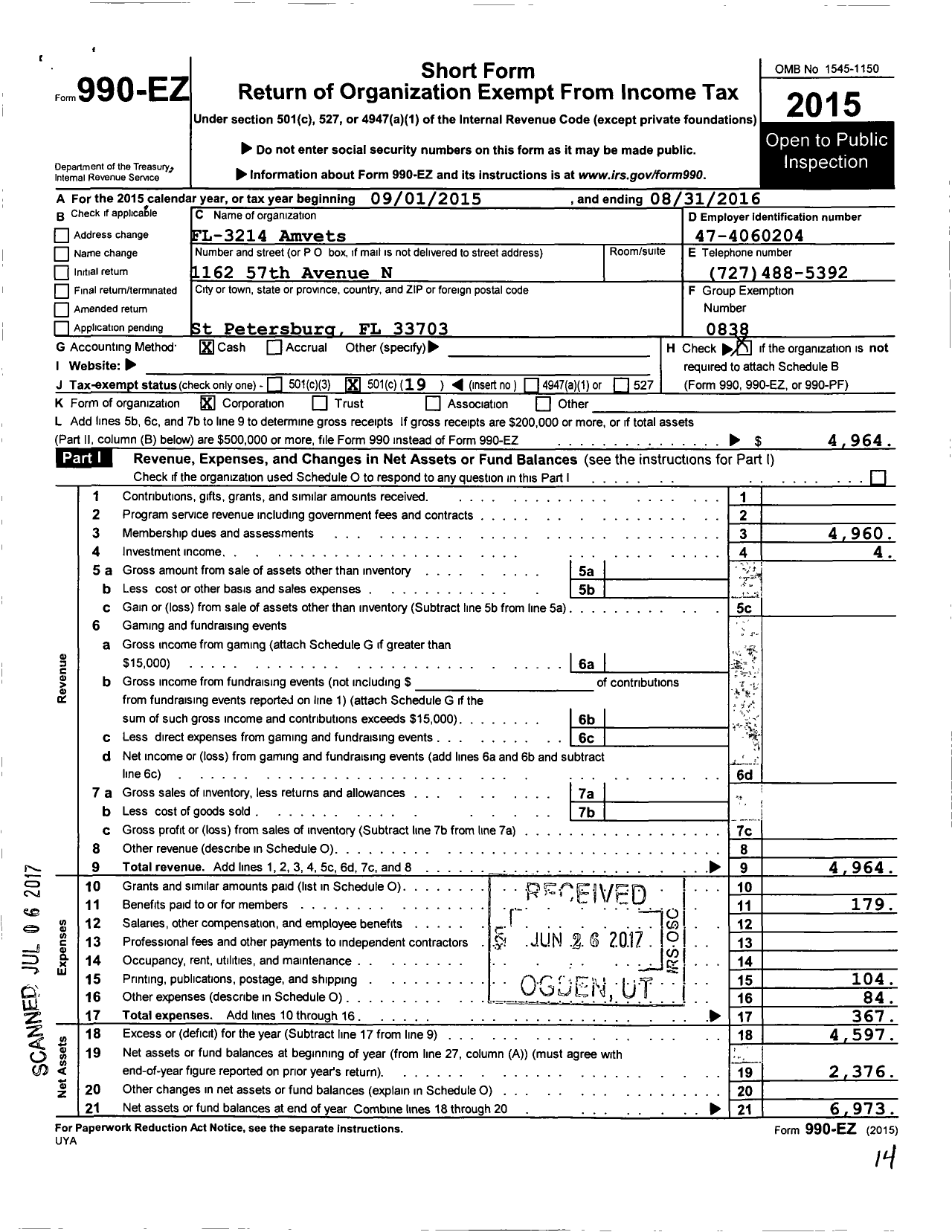 Image of first page of 2015 Form 990EO for FL-3214 Amvets