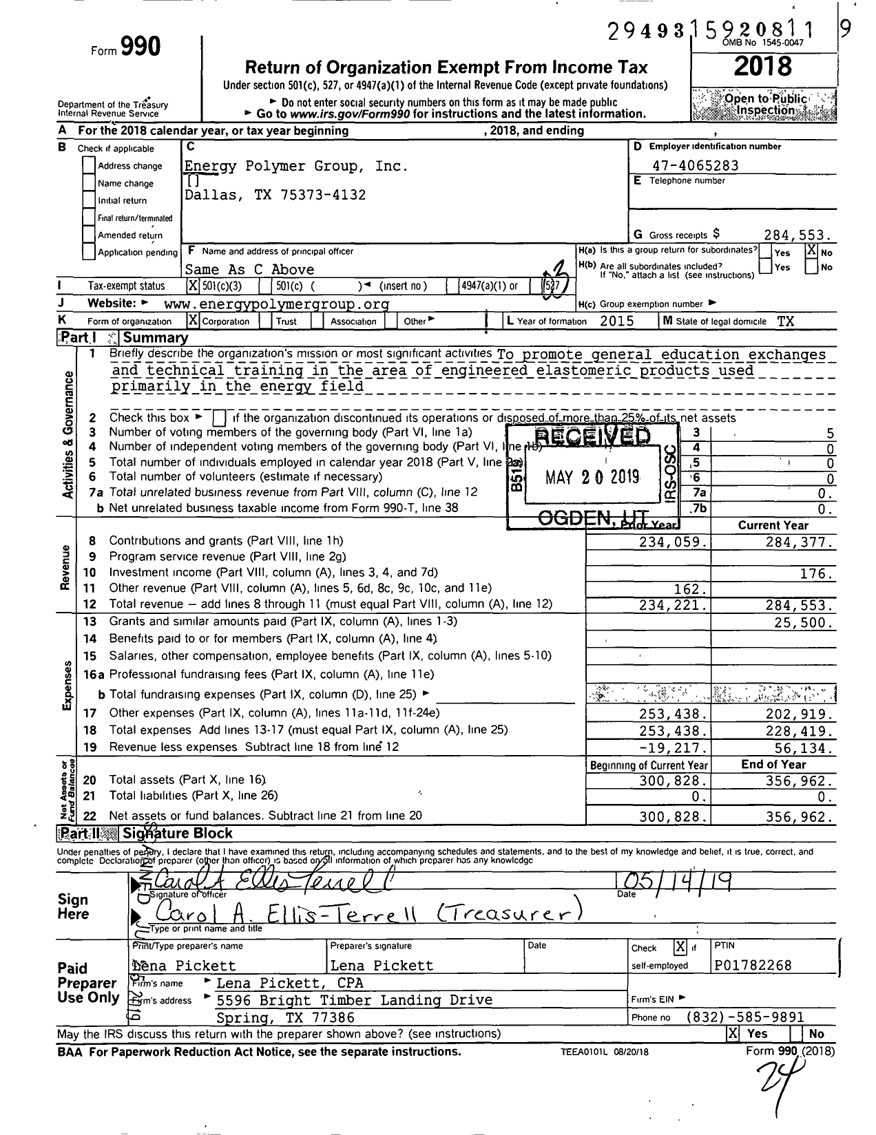 Image of first page of 2018 Form 990 for Energy Polymer Group