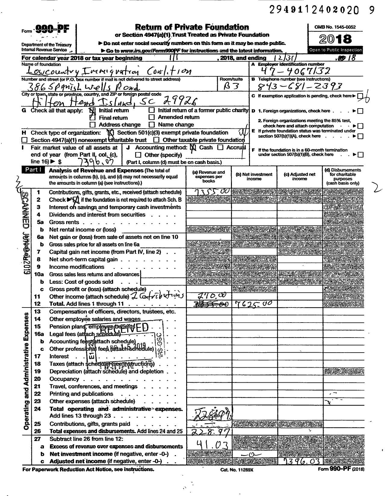 Image of first page of 2018 Form 990PF for Lowcountry Immigration Coalition I