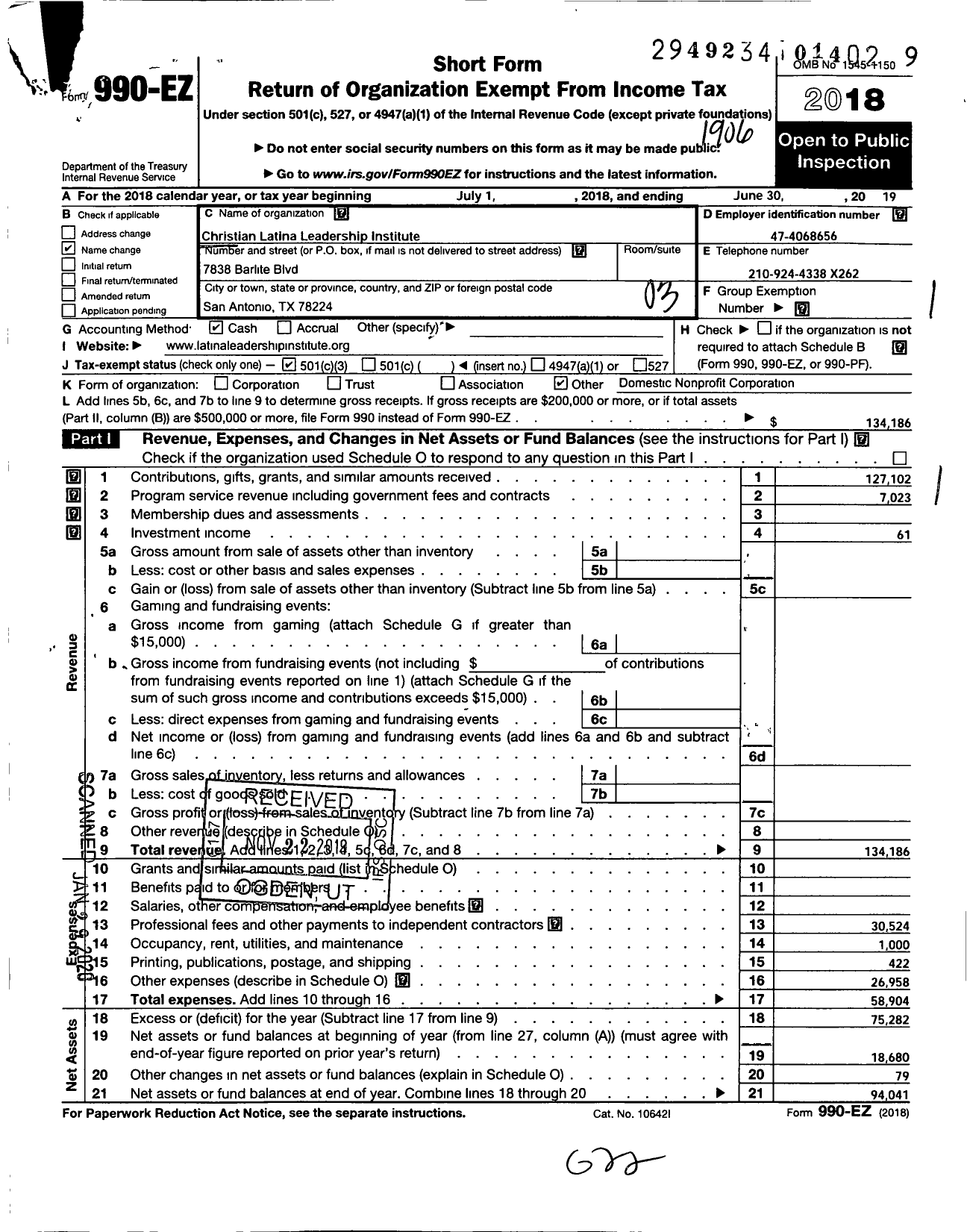 Image of first page of 2018 Form 990EZ for Christian Latina Leadership Institute