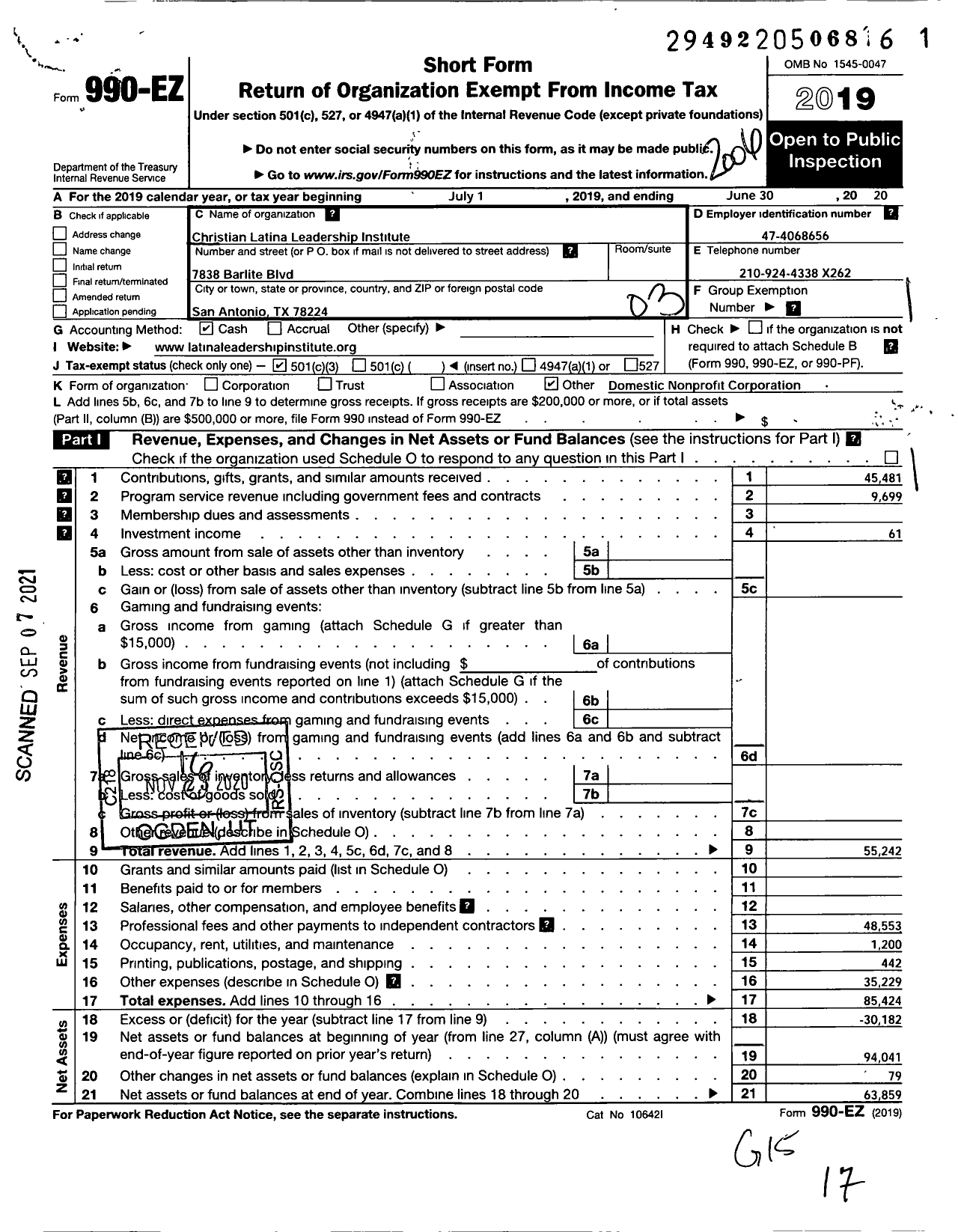 Image of first page of 2019 Form 990EZ for Christian Latina Leadership Institute