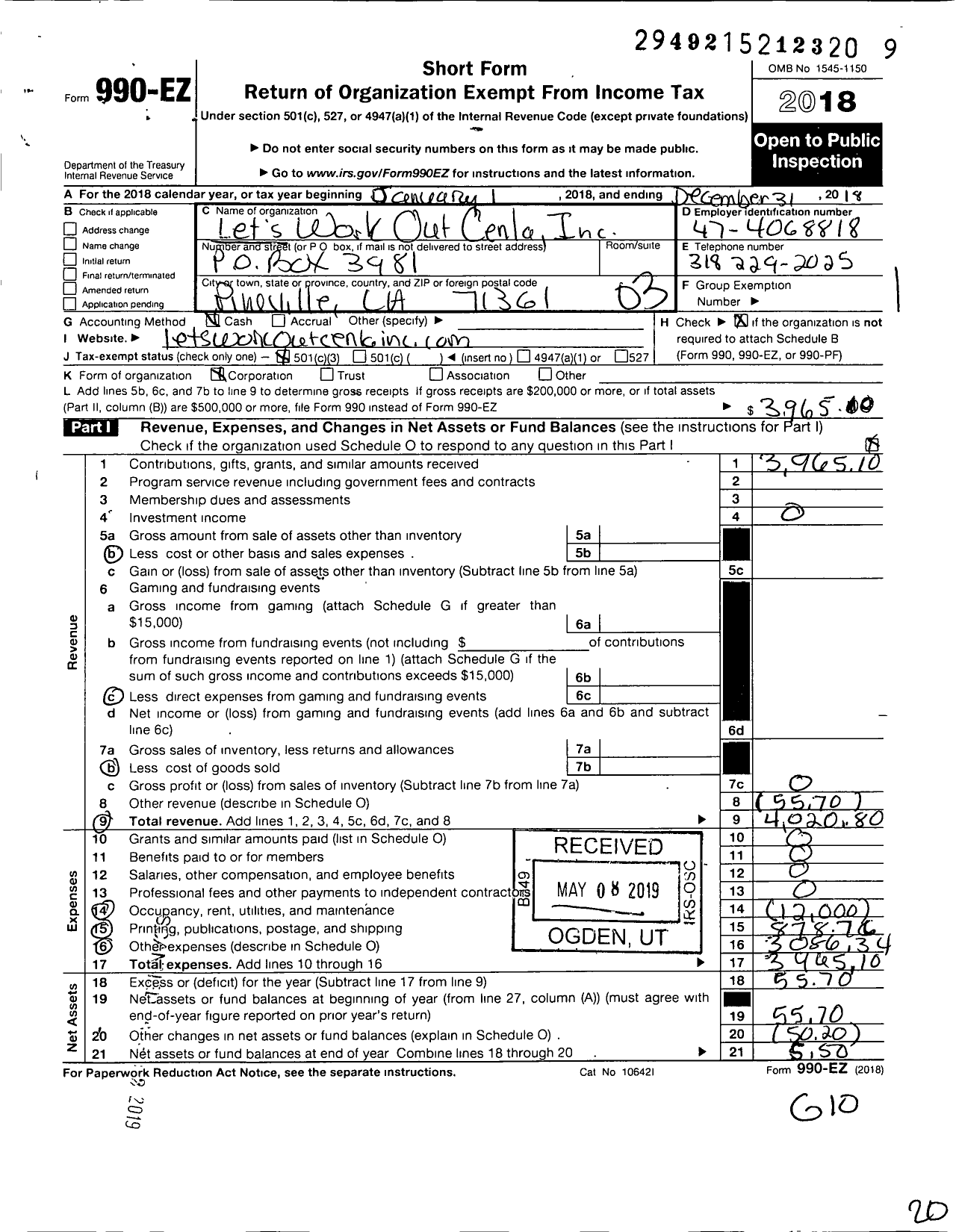 Image of first page of 2018 Form 990EZ for Lets Work Out Cenla