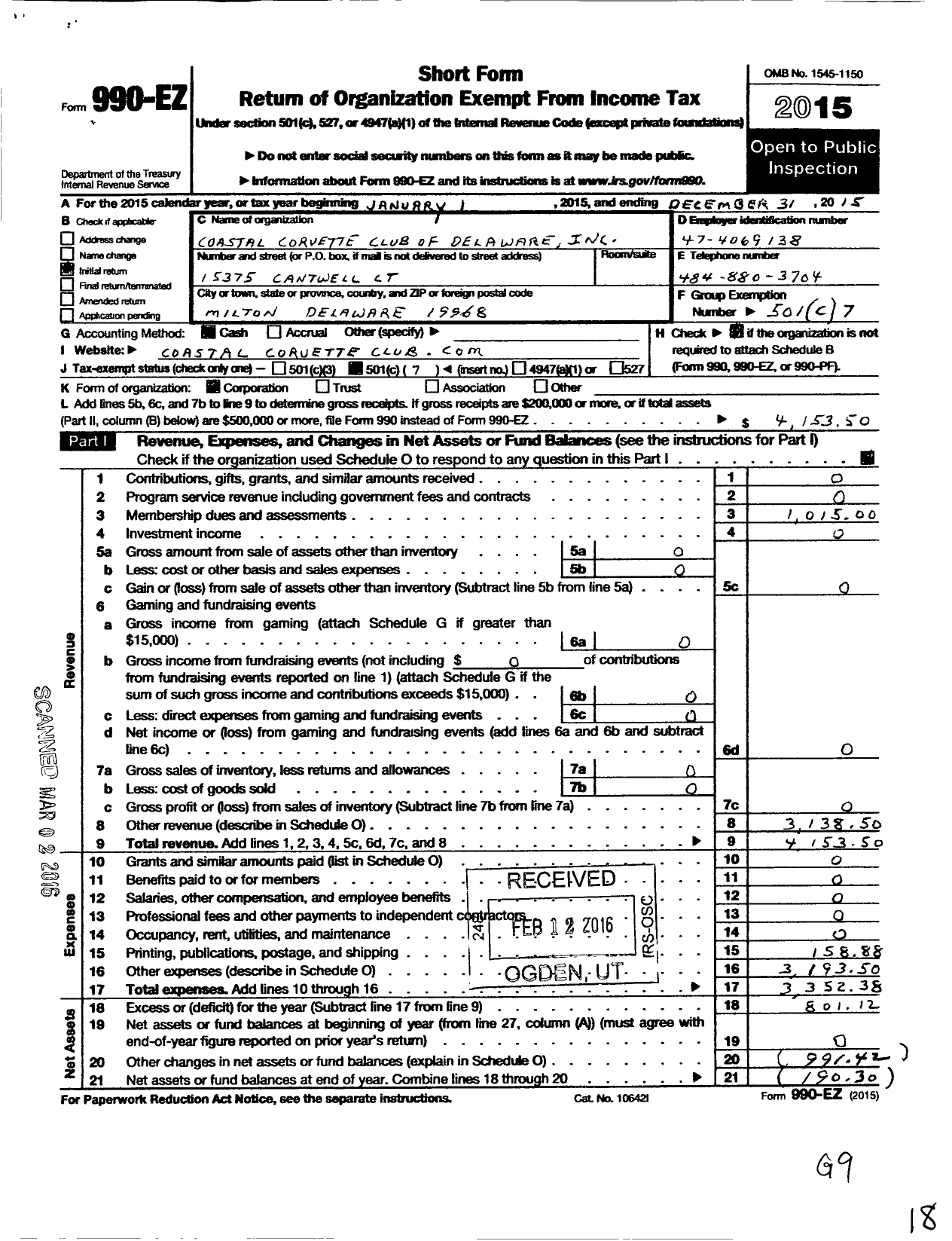 Image of first page of 2015 Form 990EO for Coastal Corvette Club of Delaware