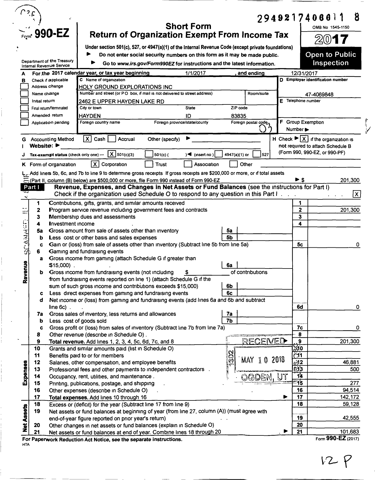 Image of first page of 2017 Form 990EZ for Holy Ground Explorations