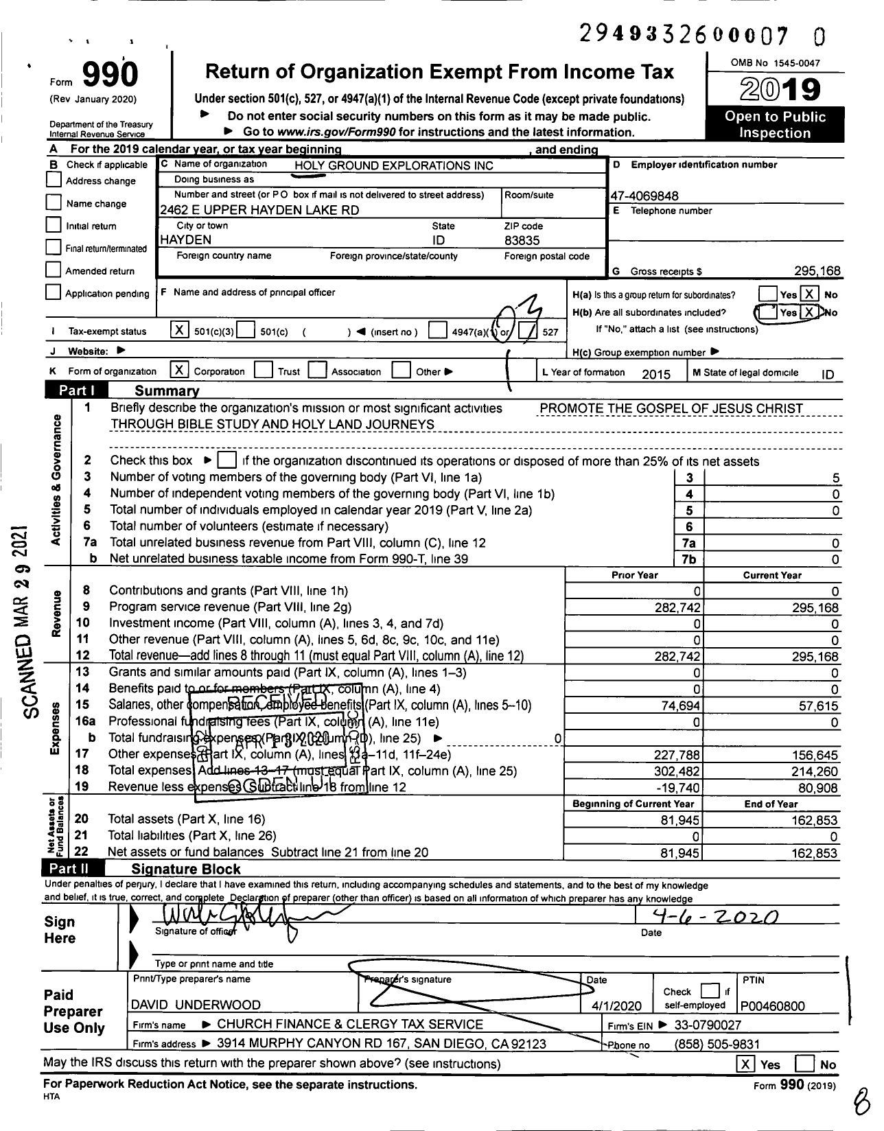 Image of first page of 2019 Form 990 for Holy Ground Explorations