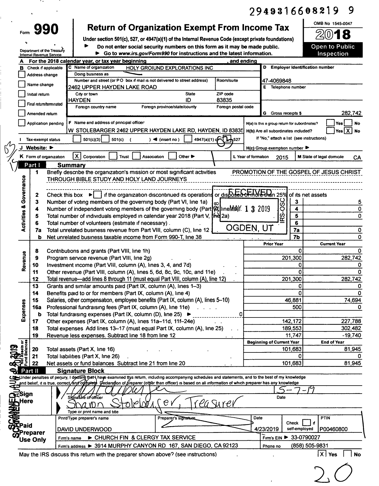 Image of first page of 2018 Form 990 for Holy Ground Explorations