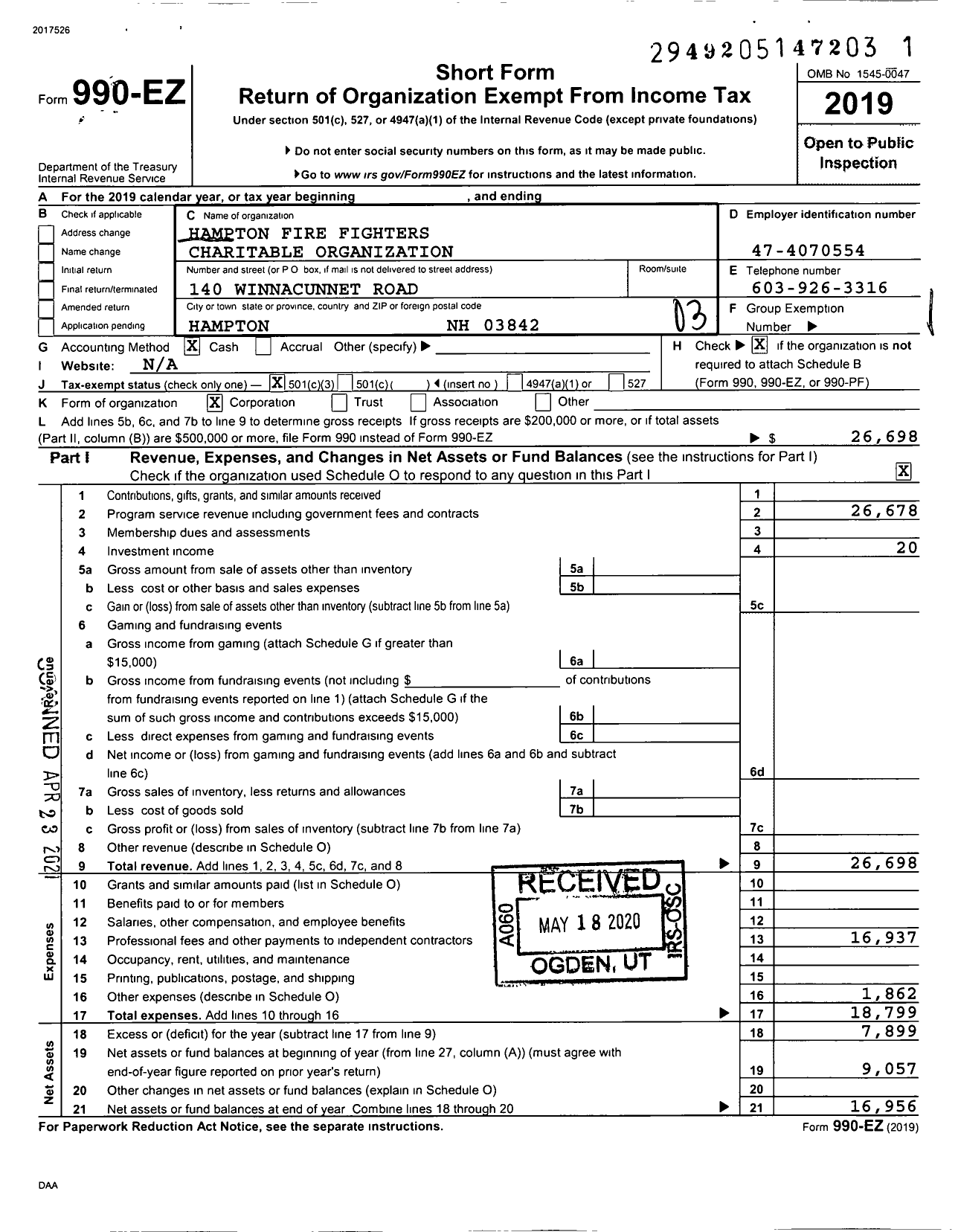 Image of first page of 2019 Form 990EZ for Hampton Fire Fighters Charitable Organization