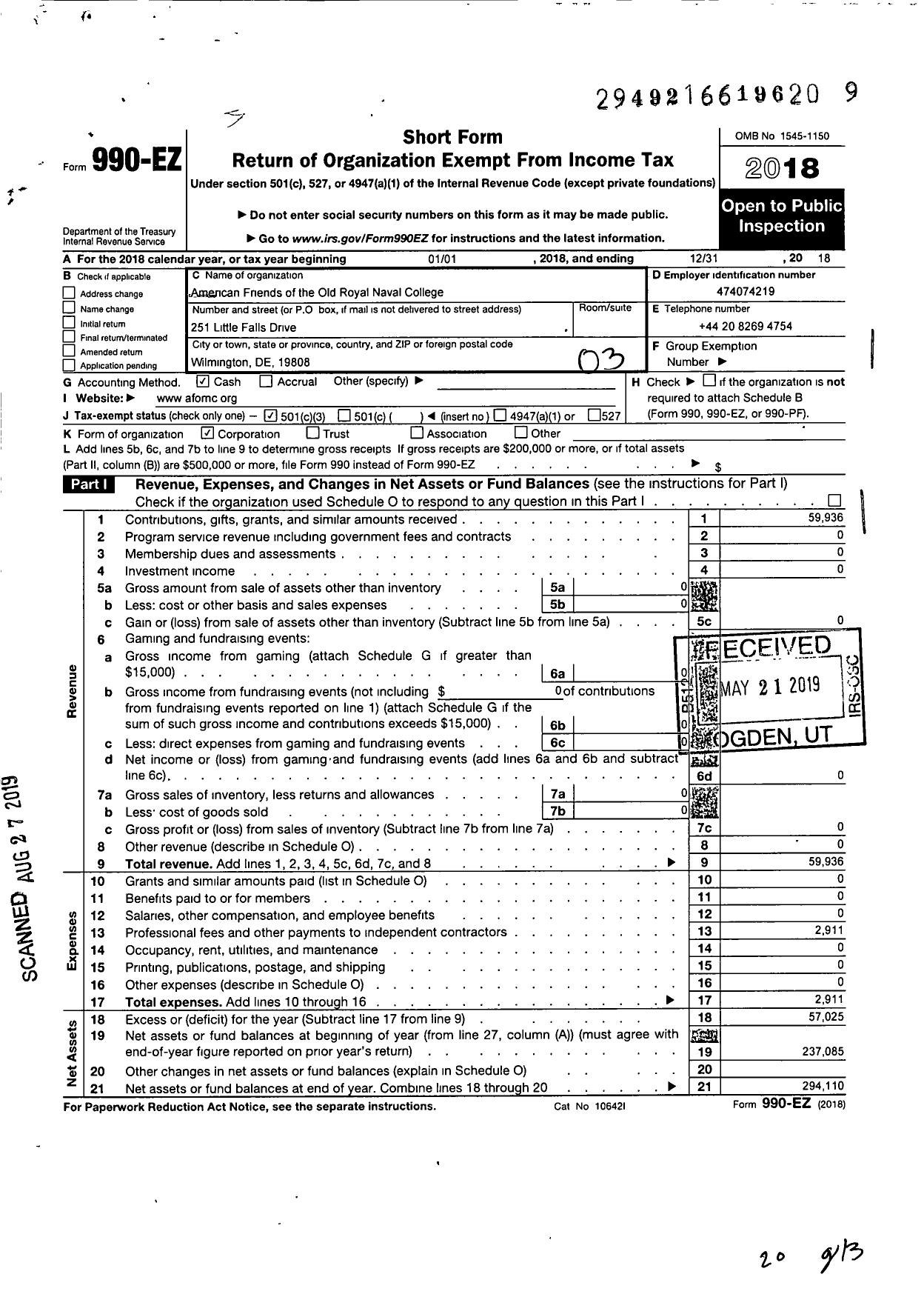 Image of first page of 2018 Form 990EZ for American Friends of the Old Royal Naval College