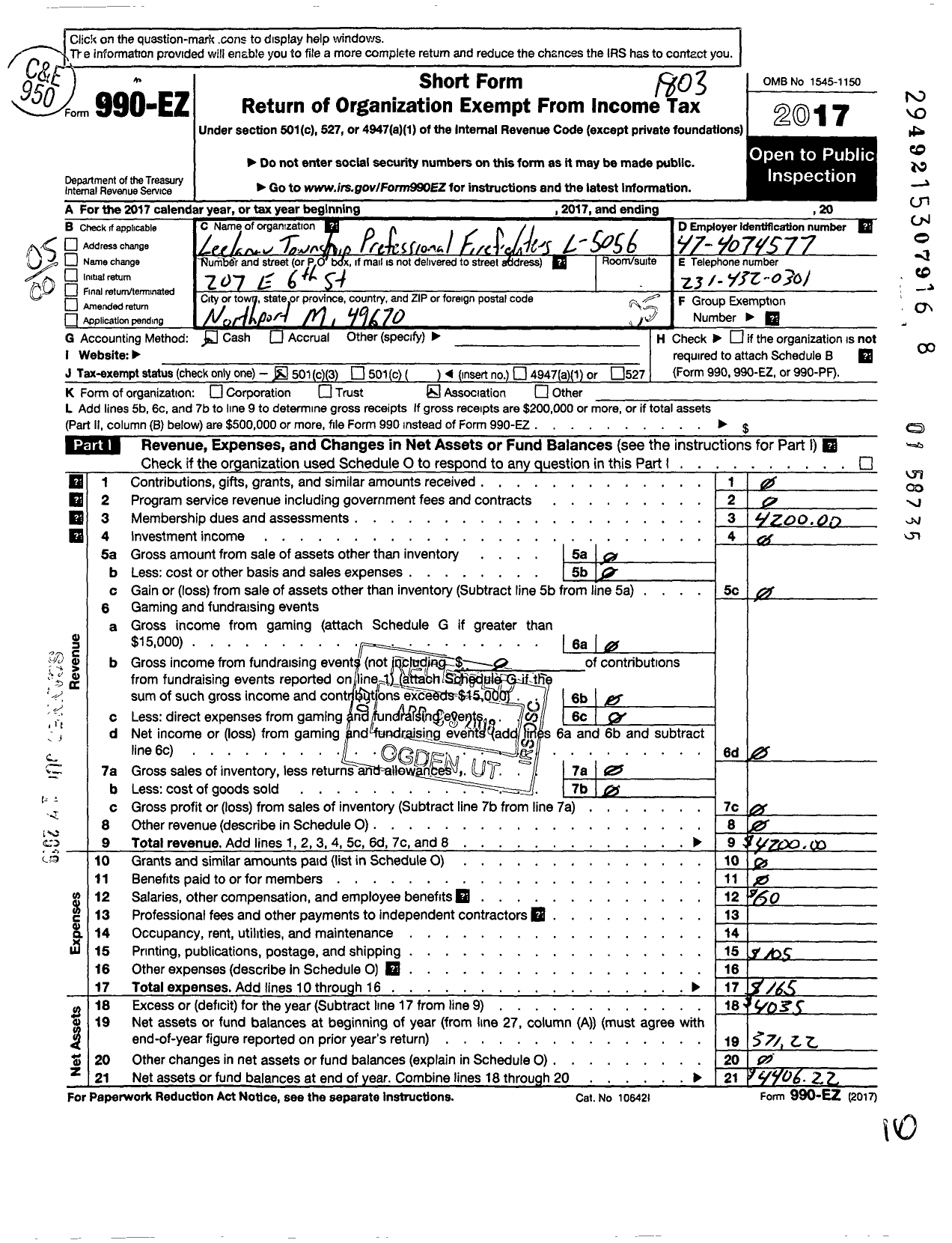 Image of first page of 2017 Form 990EO for International Association of Fire Fighters - L5056 Leelanau Township Professional