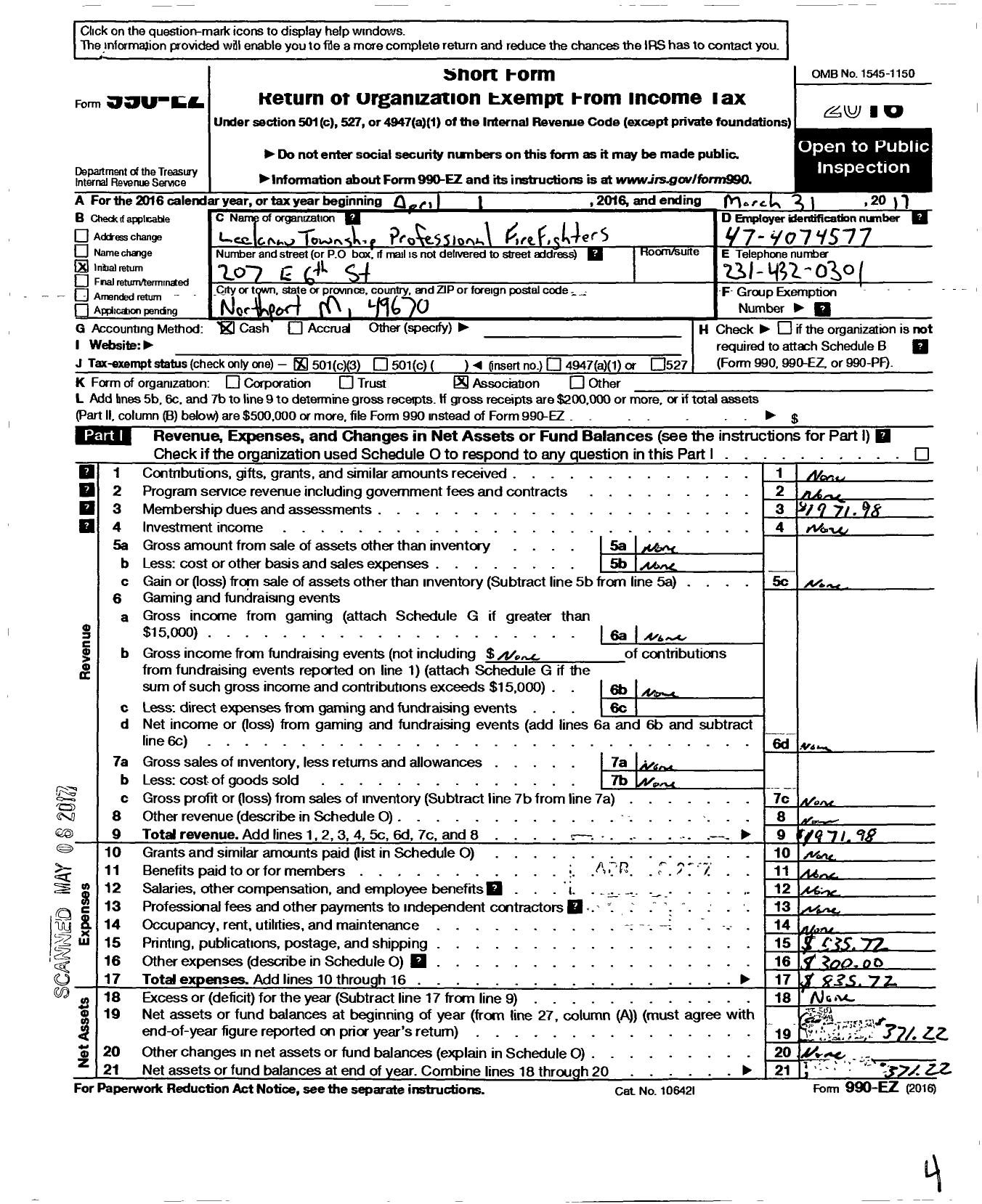 Image of first page of 2016 Form 990EZ for International Association of Fire Fighters - L5056 Leelanau Township Professional