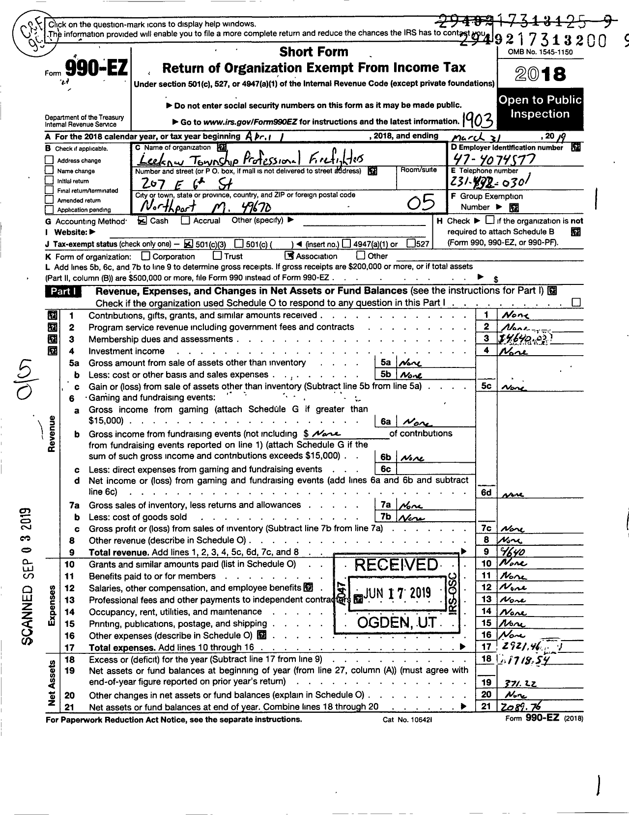 Image of first page of 2018 Form 990EO for International Association of Fire Fighters - L5056 Leelanau Township Professional